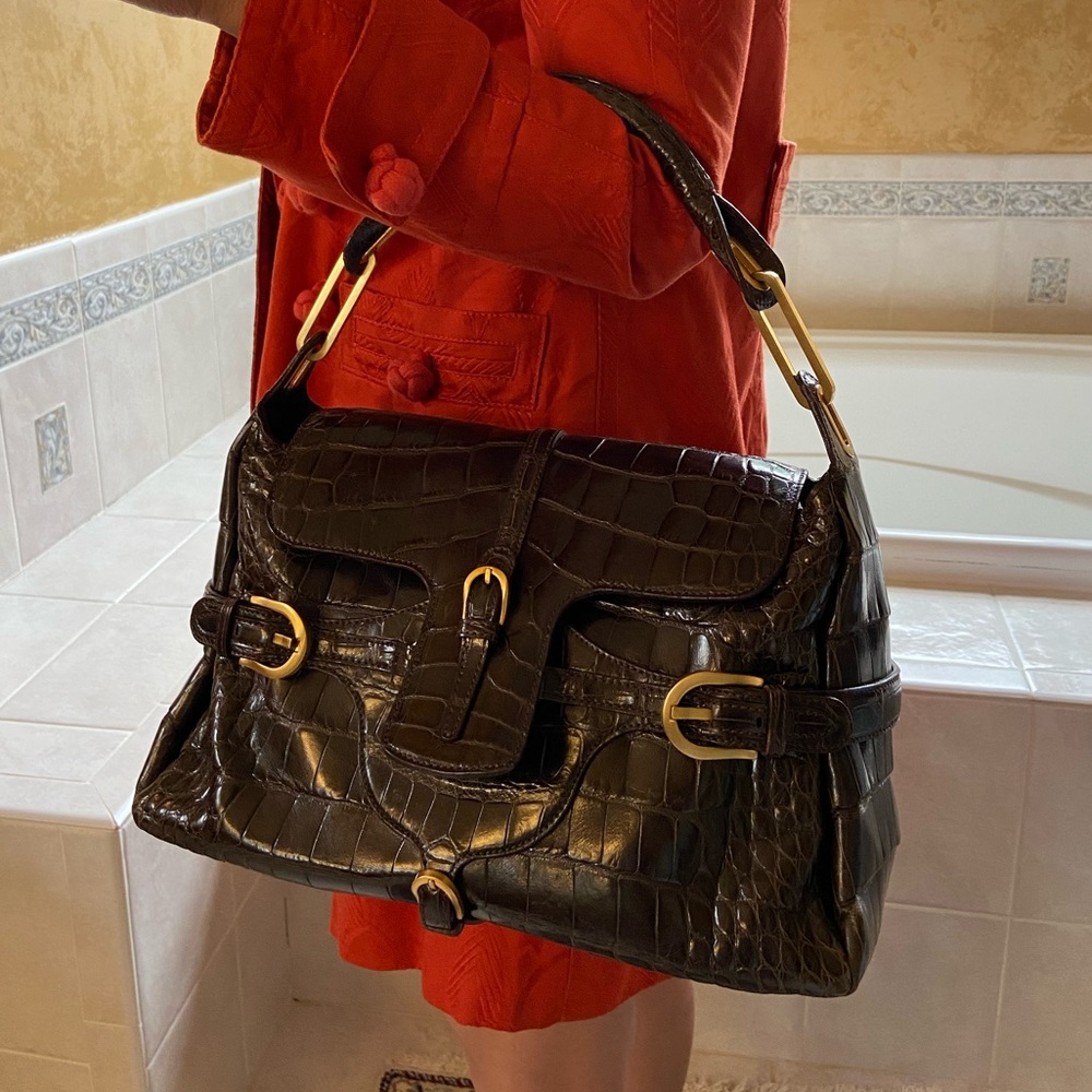 Jimmy Choo Chocolate Tulita Crocodile Leather Bag
